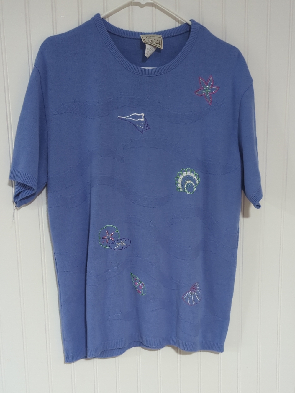 NY Collection Periwinkle Short-Sleeve Embroidered Knit Top